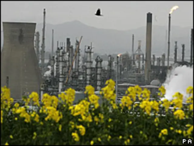 Plantas frente a una refinería, en Escocia.