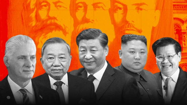 Từ trái qua: lãnh đạo Cuba, Việt Nam, Trung Quốc, Triều Tiên và Lào trước phông nền Karl Marx - Lenin