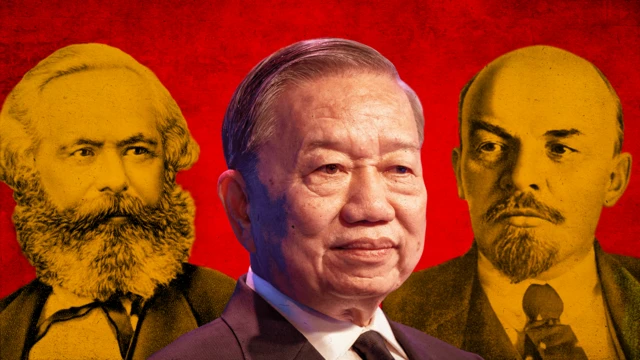 Hình thiết kế: ông Tô Lâm (giữa), phía sau là 2 ông Karl Marx và Lenin