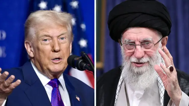 A split screen with US President Donald Trump on the left, raising his hand as he talks in front of a US flag and Iranian Supreme Leader Ali Khamenei on the right, raising his right hand to wave.