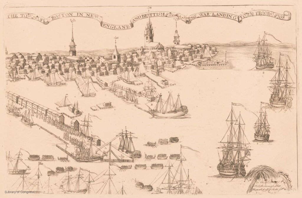 Historical illustration of Boston harbor showing British troops landing, with ships and colonial buildings