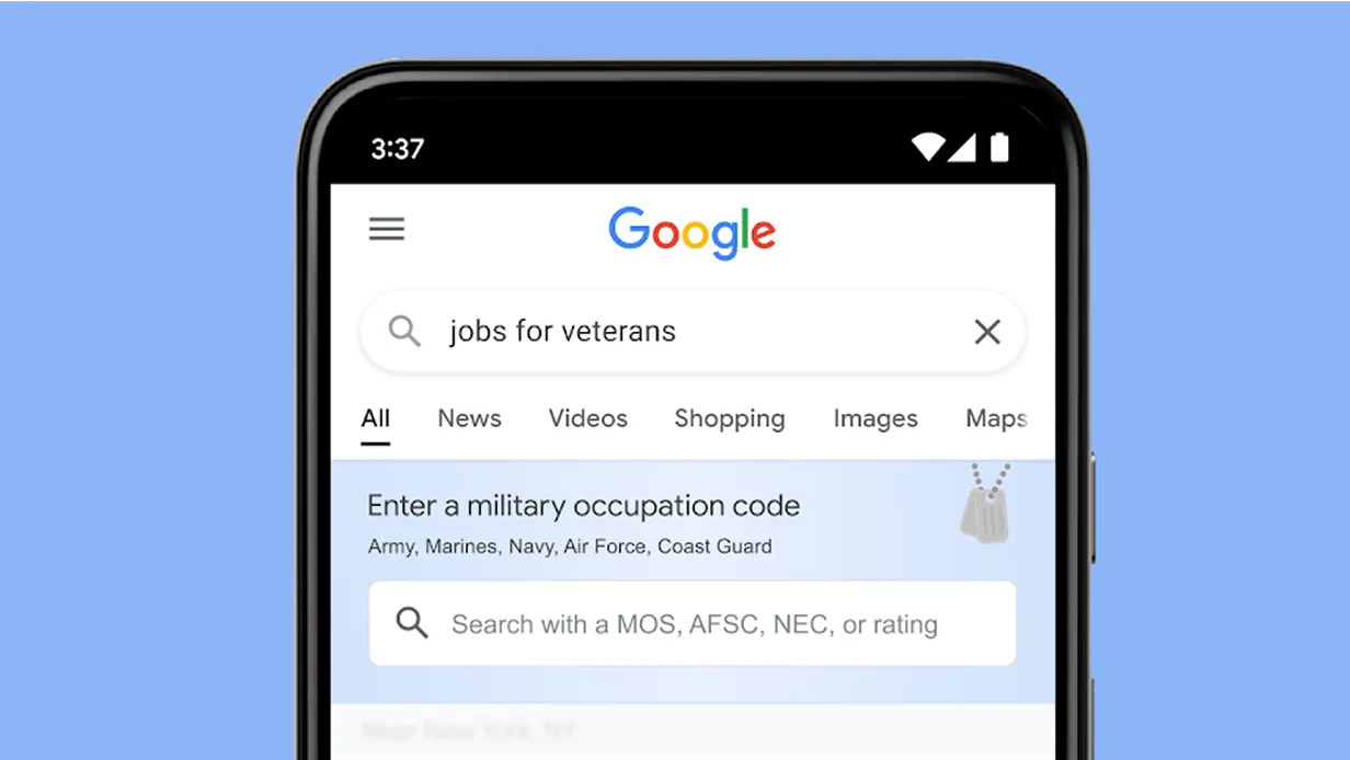A smartphone displaying a Google Search bar with a function to find jobs using military occupation codes