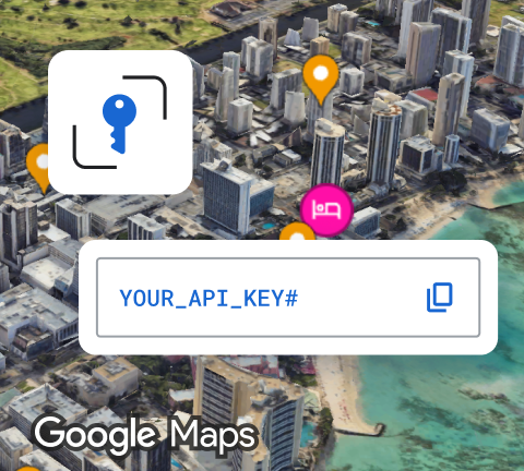 Google Maps city view with map pins and an overlay of a blue key icon and a 'YOUR_API_KEY#' text box.