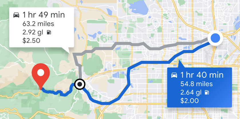 Driving route mapped out with distance and gas costs.