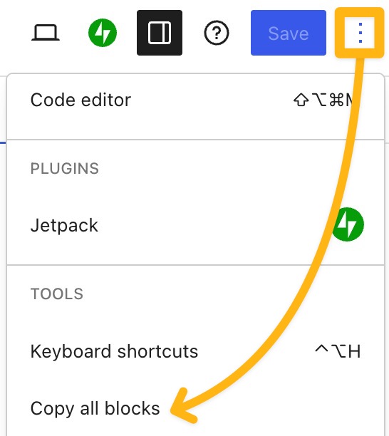 An arrow from the ellipsis menu to the "Copy all blocks" option.
