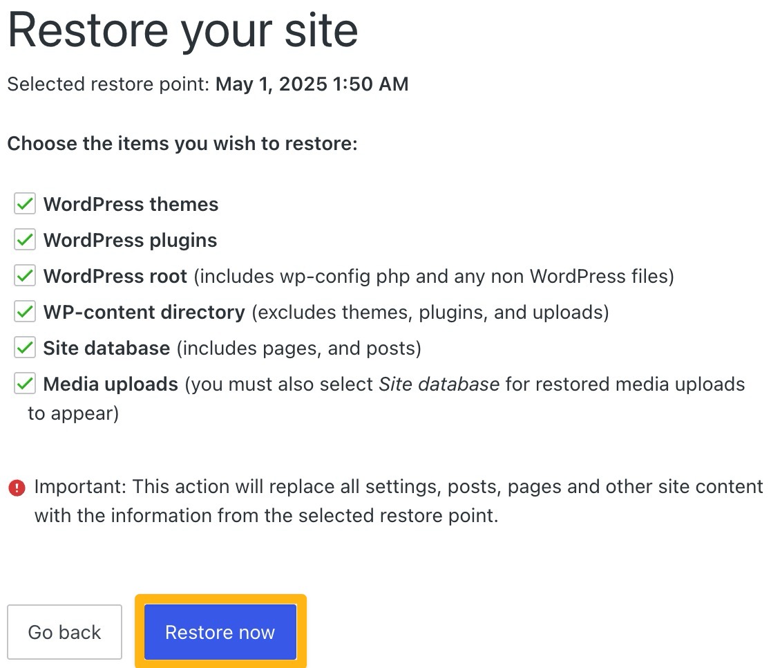 Un encadré autour du bouton « Rétablir maintenant » sur la page de rétablissement de site.