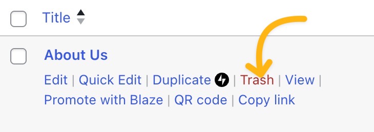 An arrow pointing to the trash link that appears when hovering over a page in the Pages list.