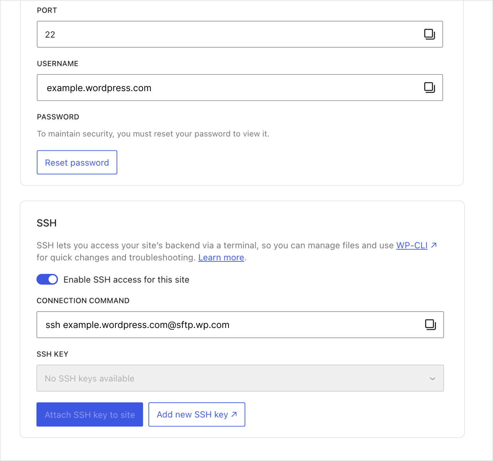 Панель SFTP/SSH в консоли хостинга WordPress.com с включённым доступом по SSH.