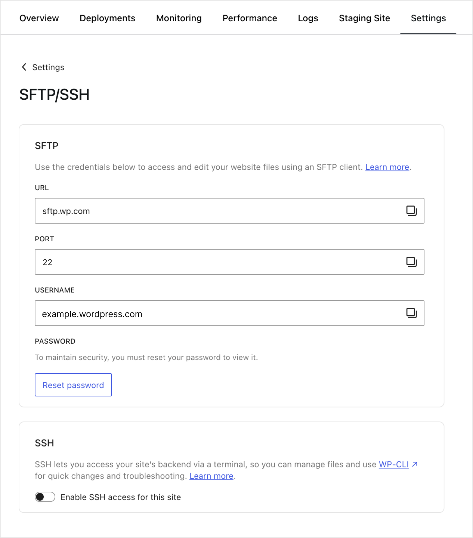 Панель SFTP/SSH в консоли хостинга WordPress.com.
