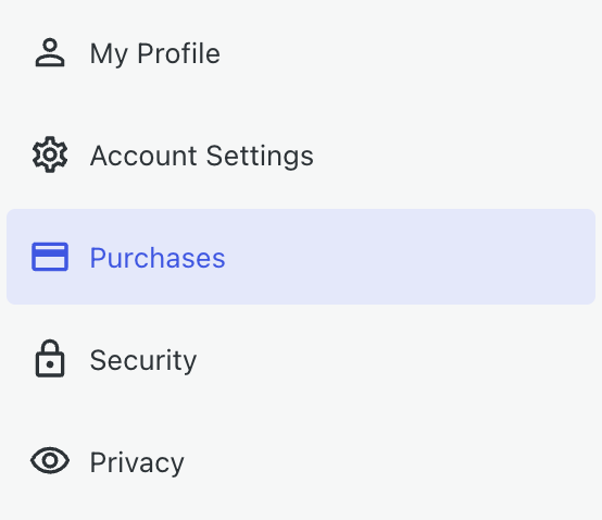 The profile menu with a highlight around the "Purchases" section.