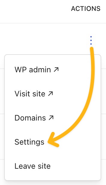 The ellipsis menu below actions expanded and an arrow pointing to the "Settings" option.