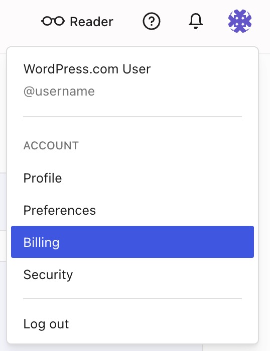 The account menu with Billing highlighted.