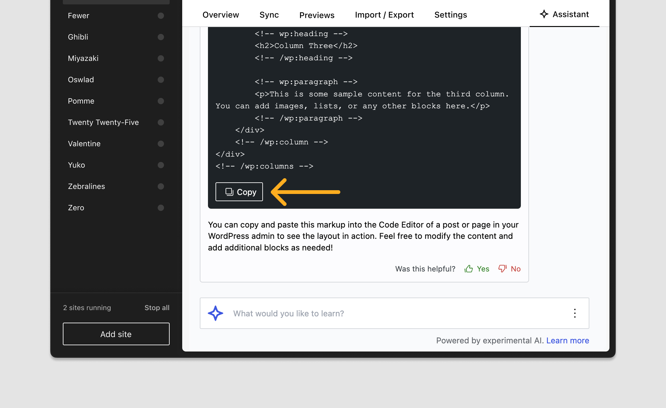 A screenshot of the Studio Assistant with an orange arrows pointing to the copy button.