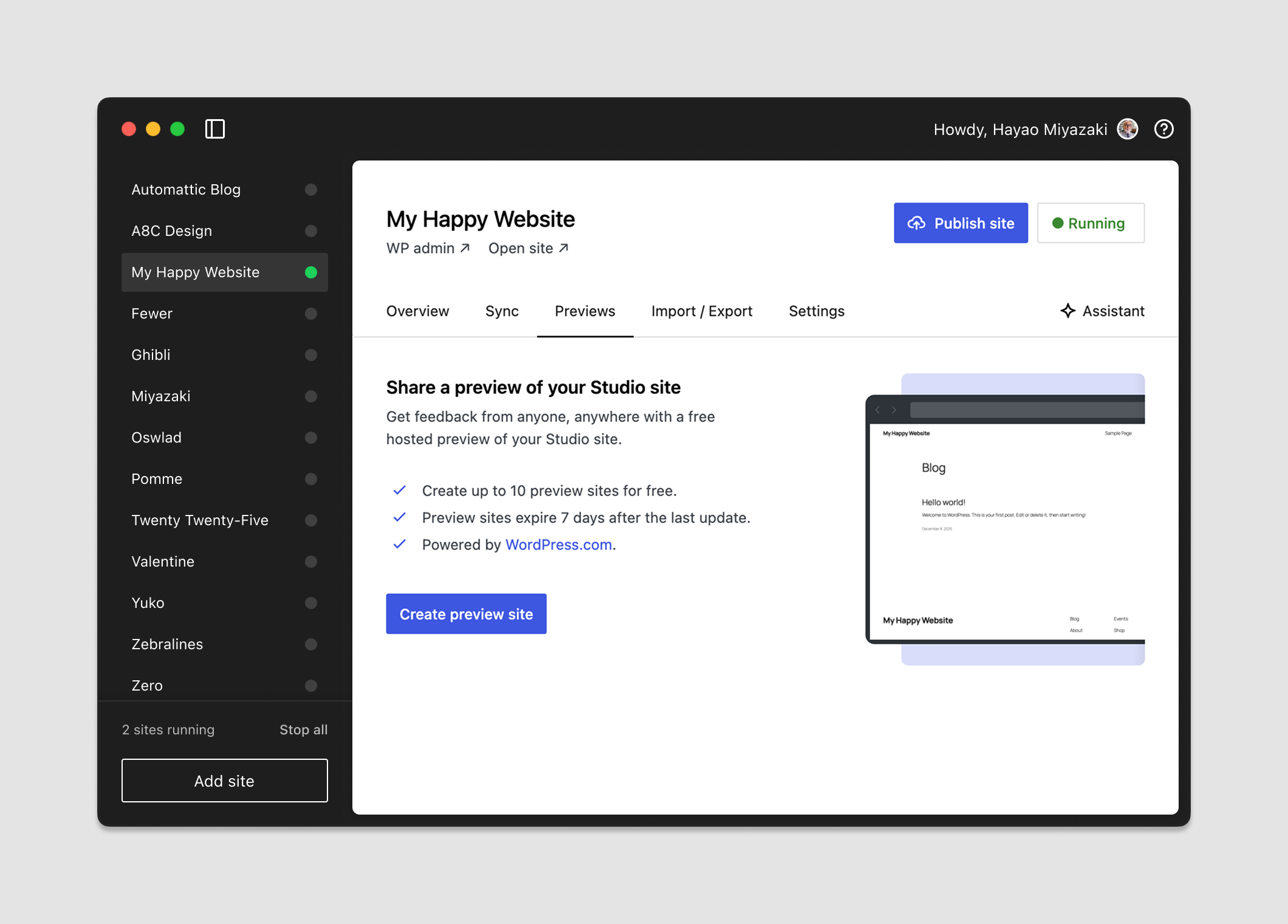 A screenshot depicting the Previews tab in the Studio app.