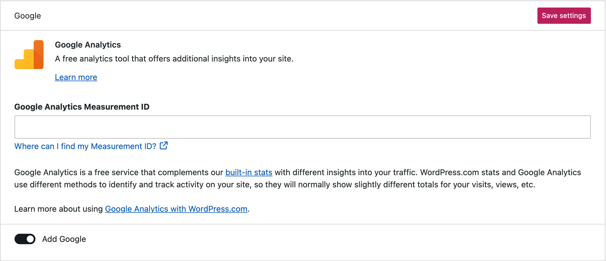WordPress.com の Google アナリティクス測定 ID 追加画面
