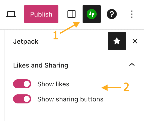 Jetpack アイコンが選択され、「「いいね」と共有」セクションが表示されています。
