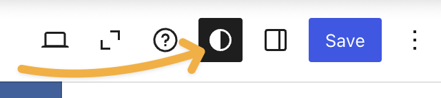 Access styles through the Site Editor toolbar. An arrow points to the icon near the "Save" button in the editor.