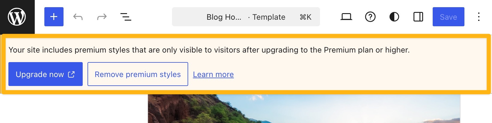 A box drawn around the banner in the editor with the option to remove premium styles.