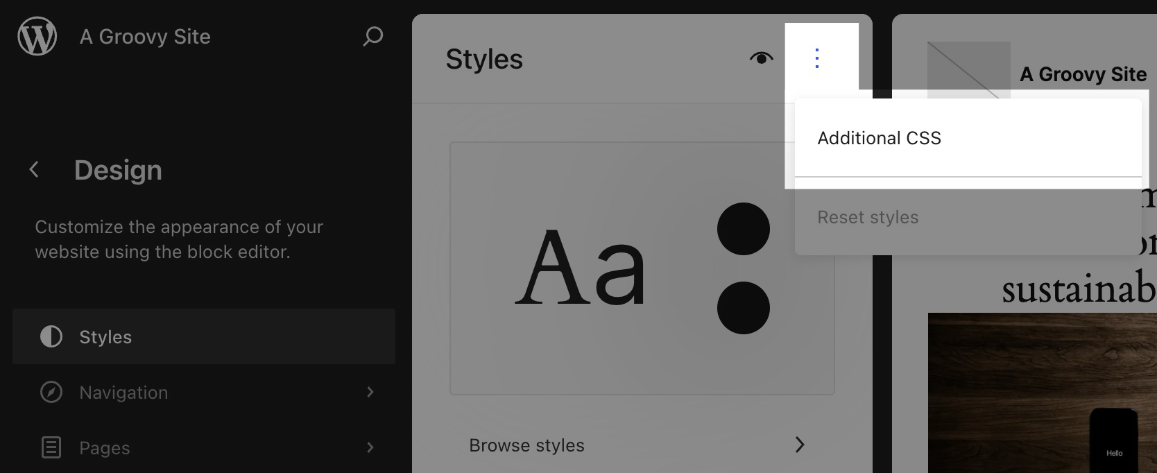 The ellipses icon is highlighted, with Additional CSS appearing after clicking it.
