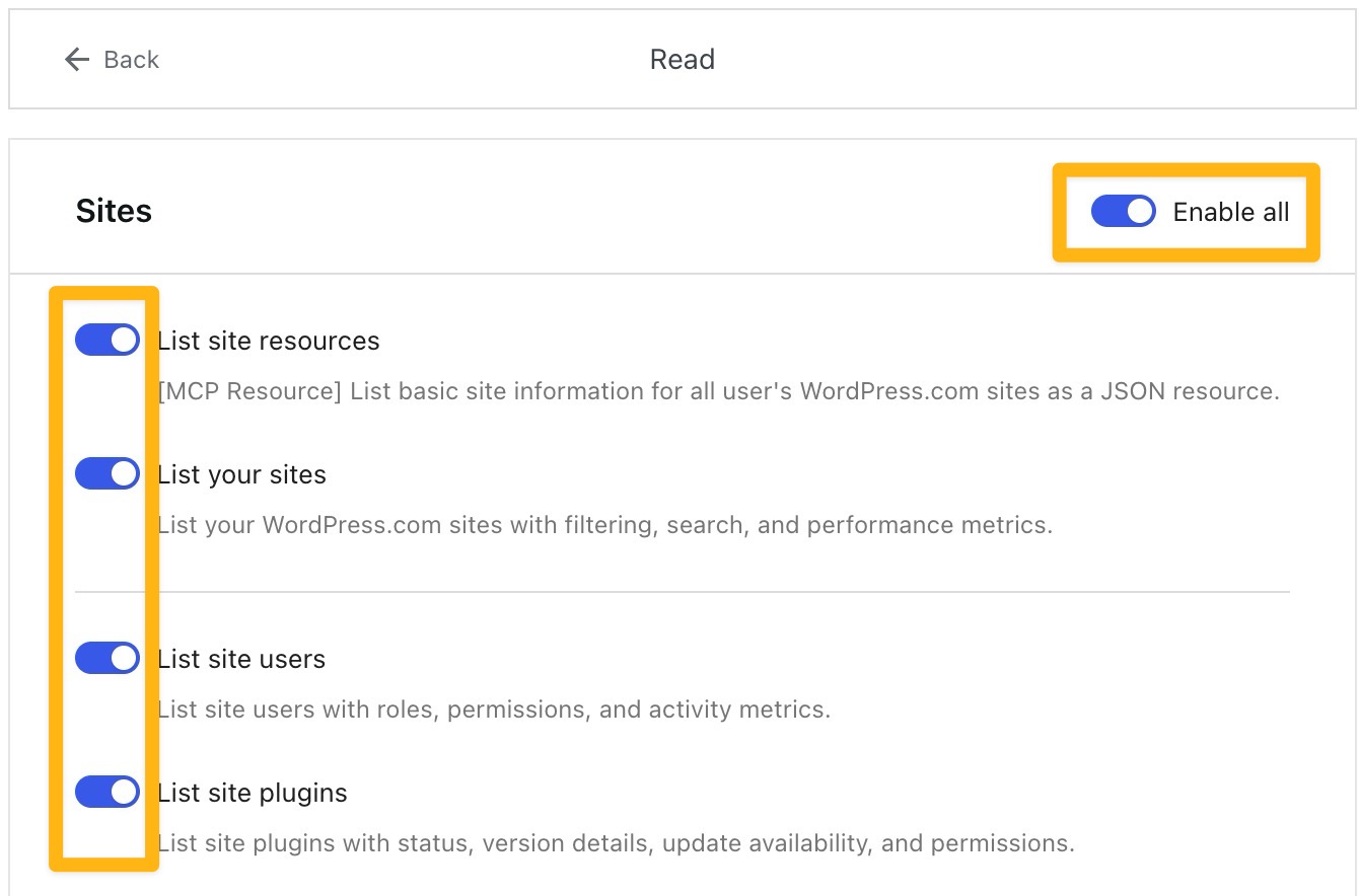Boxes drawn around the "Enable all" and individual toggles for read access.