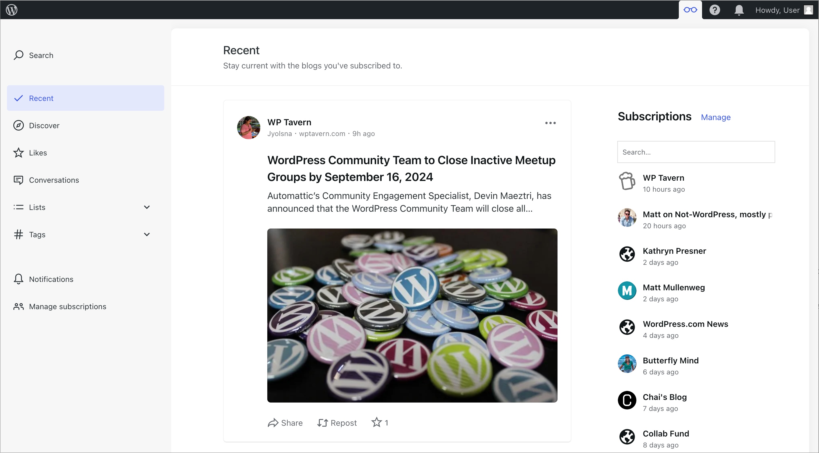 הממשק של WordPress.com Reader.