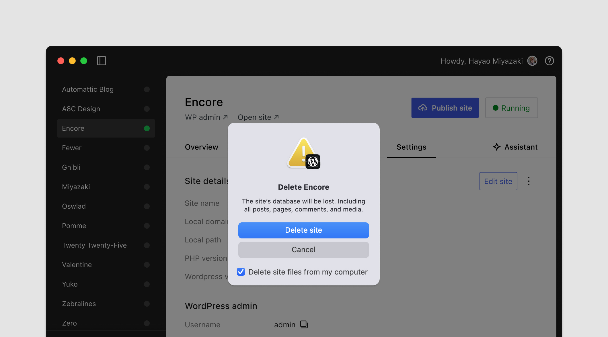 A screenshot depicting the warning when deleting a local site in the Studio app.