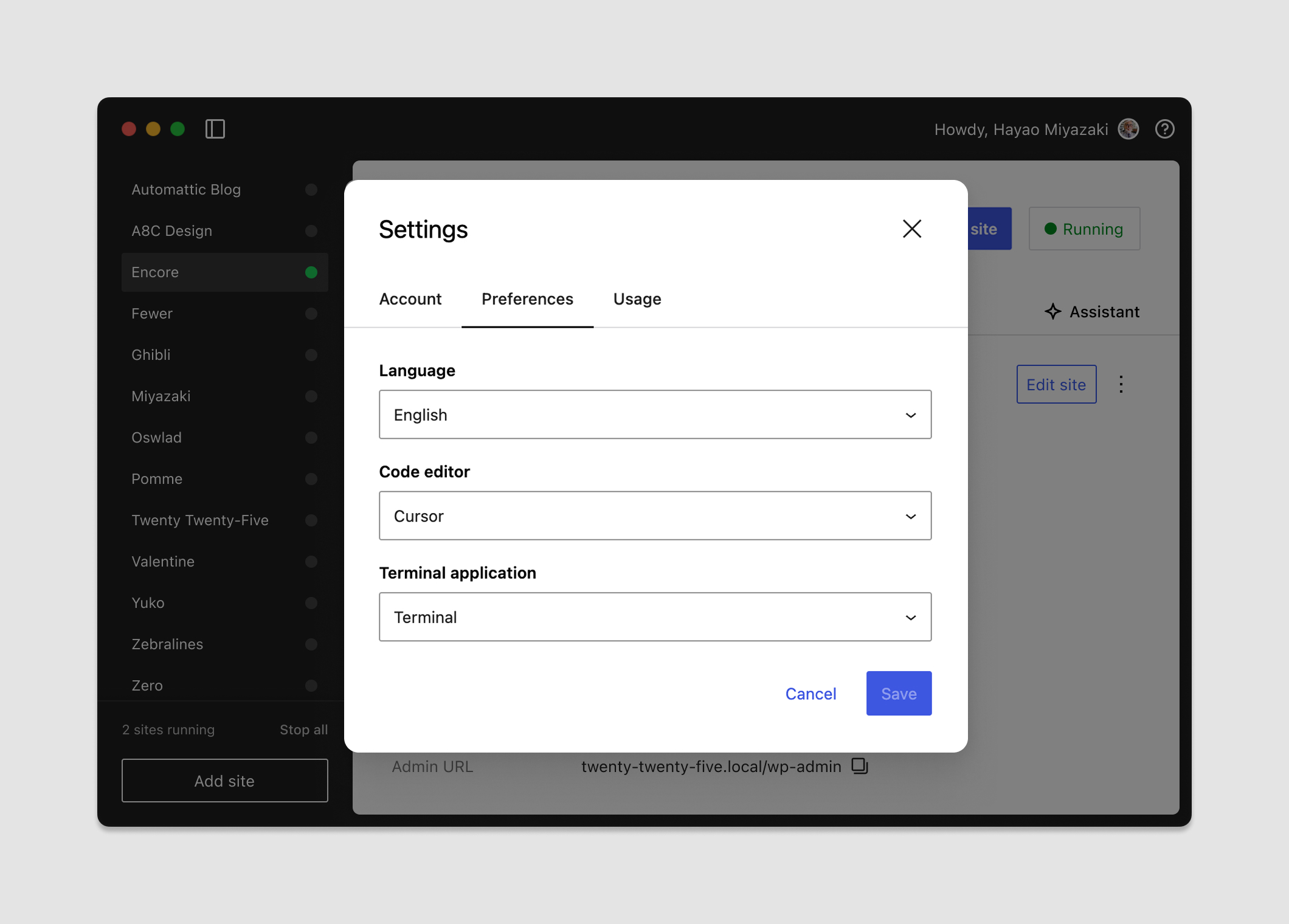 A screenshot depicting the user Setting modal in Studio.