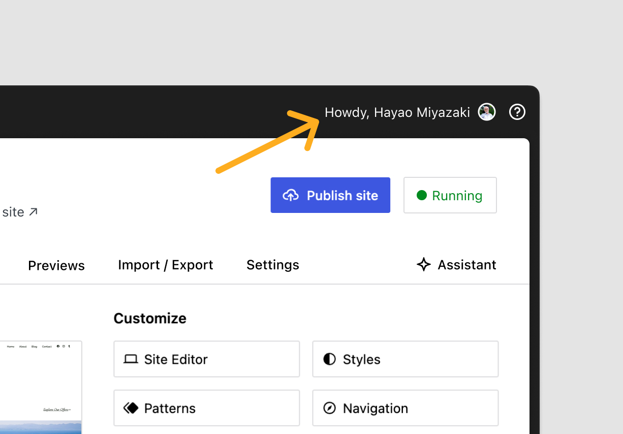 A screenshot depicting how to open the User Settings in the Studio app.