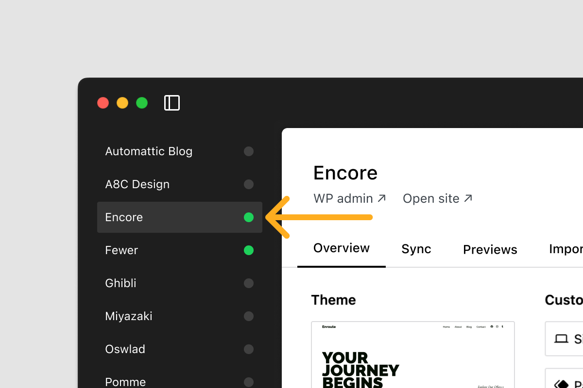 A screenshot depicting the Studio app and sites list in the sidebar. Green dots indicate that the site is running.