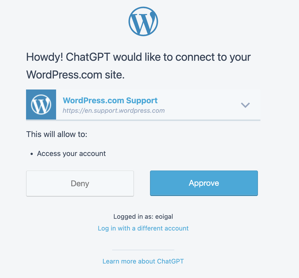 Authorization request from ChatGPT to connect to a WordPress.com site, offering options to approve or deny access.