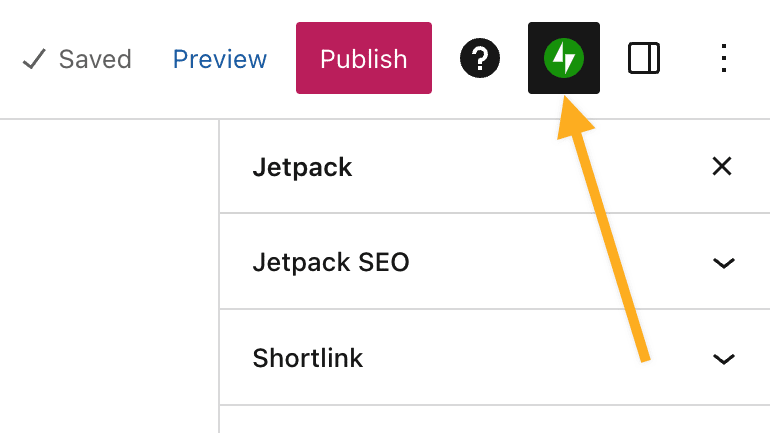 An arrow points to the Jetpack icon in the WordPress editor.