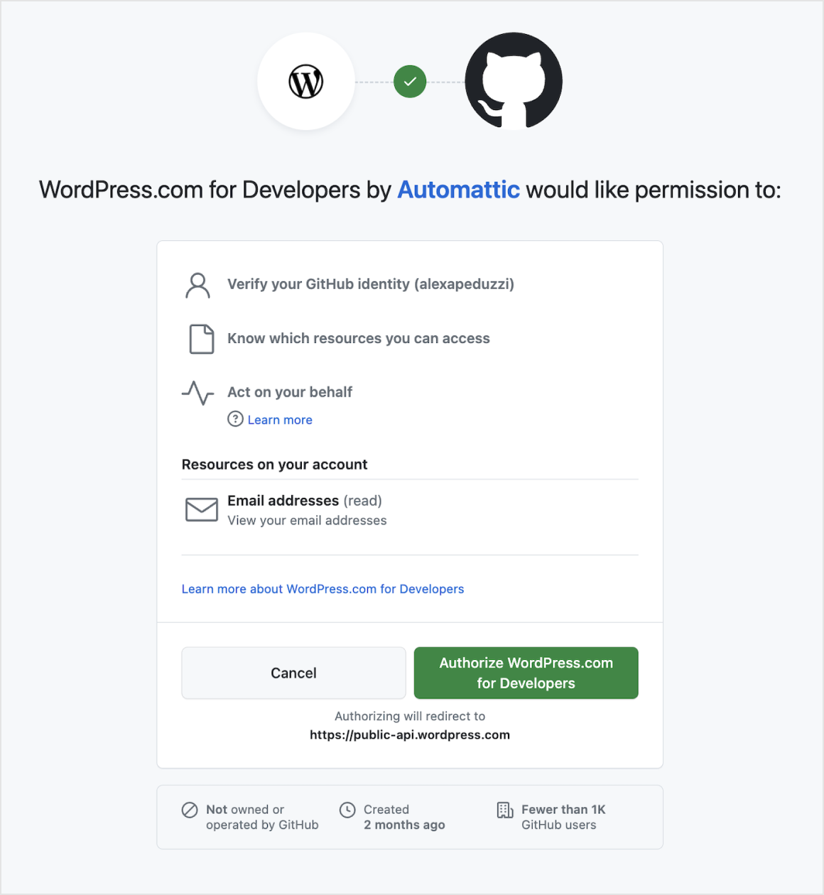 Screenshot of the prompt asking for your permission to connect your GitHub account with WordPress.com for Developers.