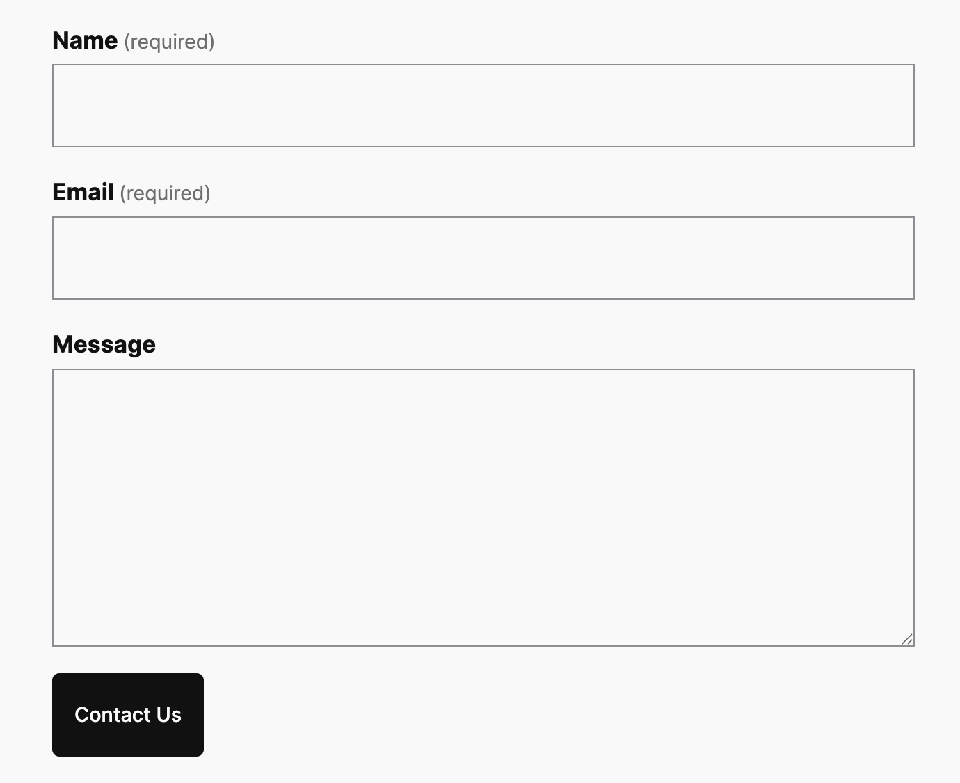 A simple contact form with Name, Email, Message, and a Contact us button to submit the form.