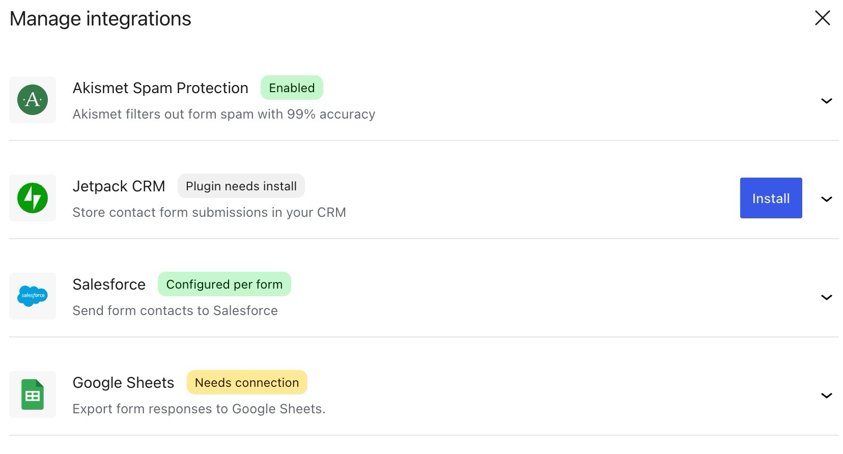The manage integrations screen for forms.