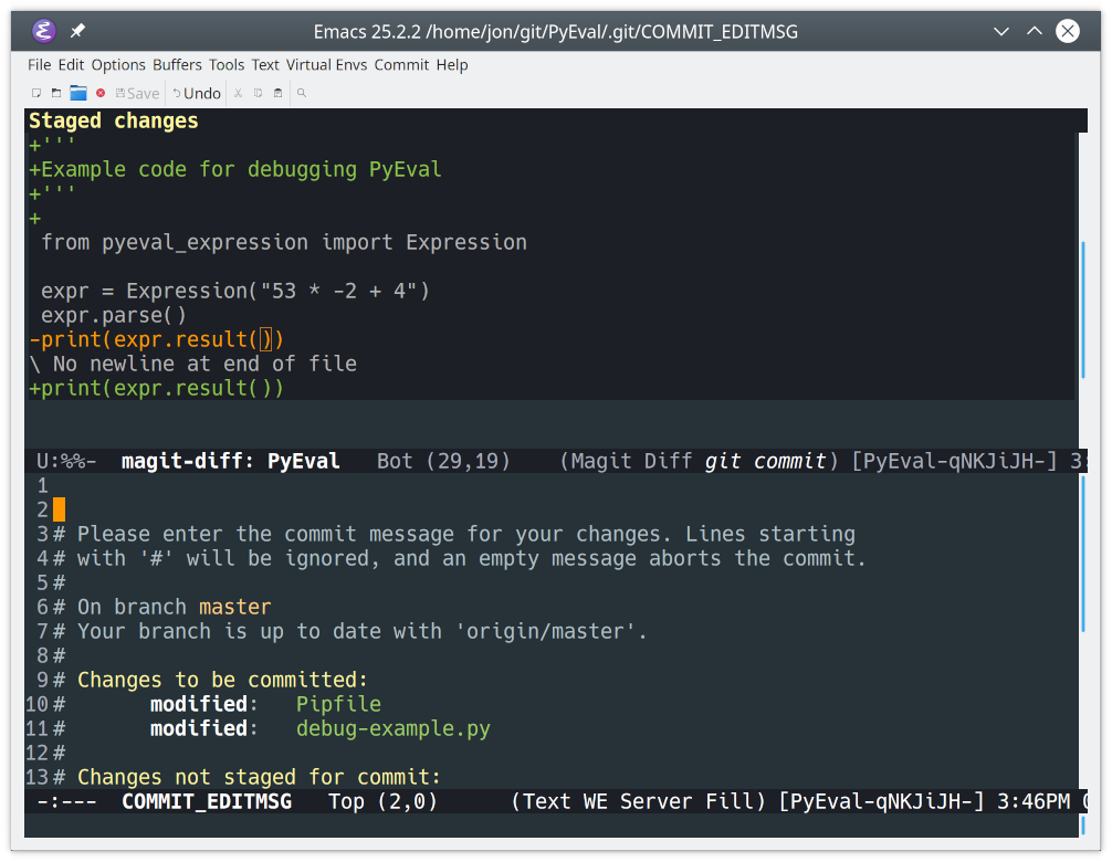 Committing staged changes to a Git repo in Emacs