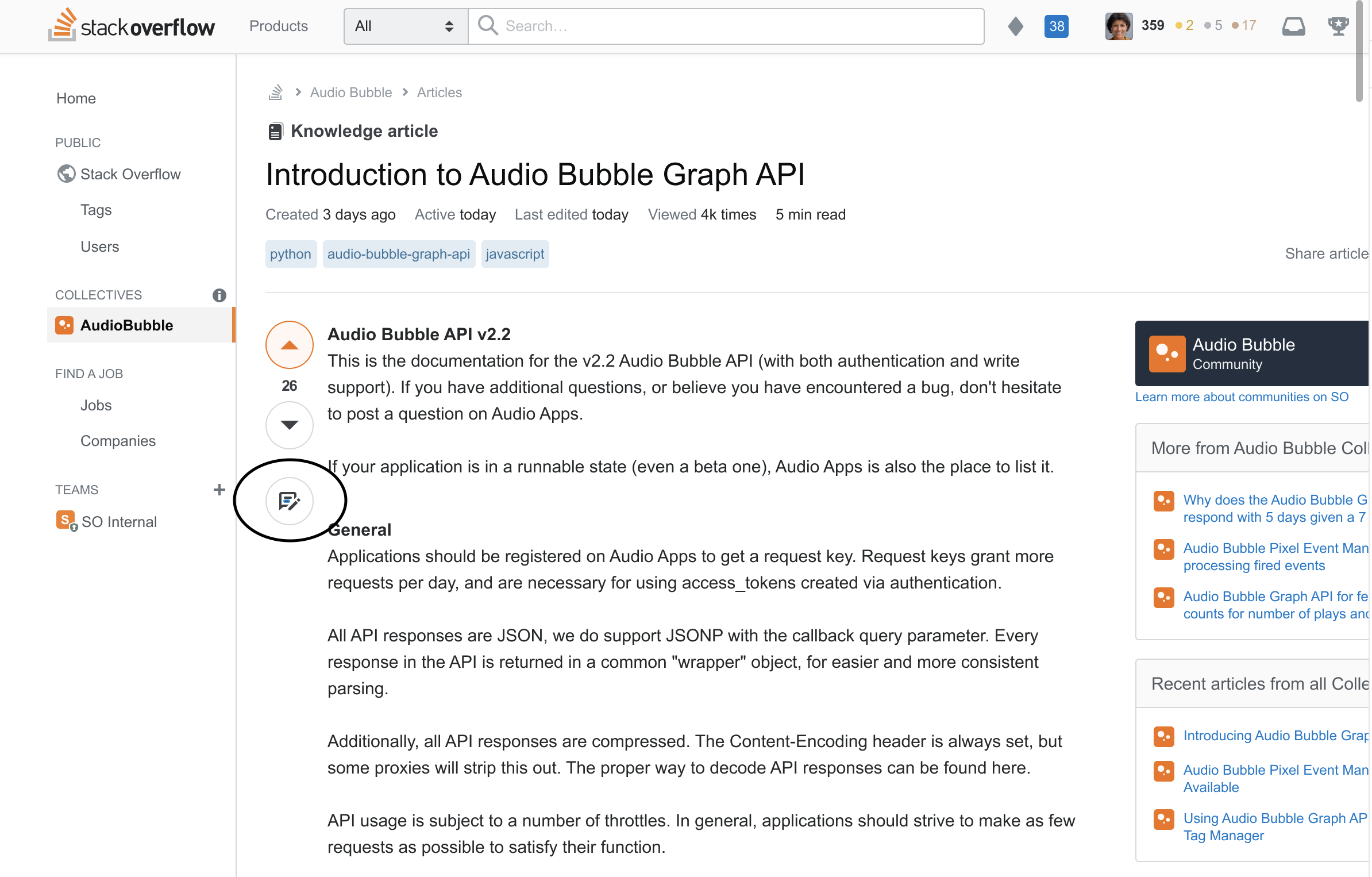 Screenshot of an example article, showing the "Provide feedback" button (circled) below the upvote and downvote buttons on the left side of the article