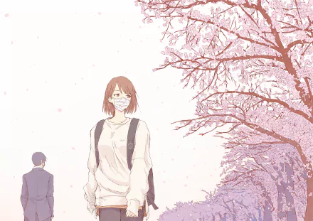Anime-style HD desktop wallpaper featuring a girl with a backpack standing beneath blooming cherry blossom trees, with a muted pastel background and another figure in the distance.