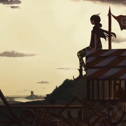 Artistic circus-themed HD PC desktop wallpaper: silhouetted performer in striped leggings sits on a red-and-white platform, gazing over a coastal cliff toward a distant lighthouse at dusk.