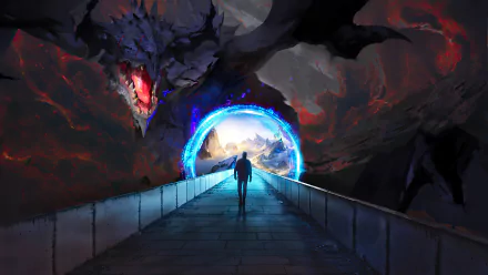 A fantasy scene featuring a fierce dragon guarding a glowing portal gate, with a lone figure walking toward the light, rendered in stunning 4K Ultra HD detail.