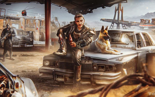 4K Ultra HD Fallout-themed PC desktop wallpaper featuring a rugged character and a German Shepherd sitting on a weathered car in a post-apocalyptic setting.