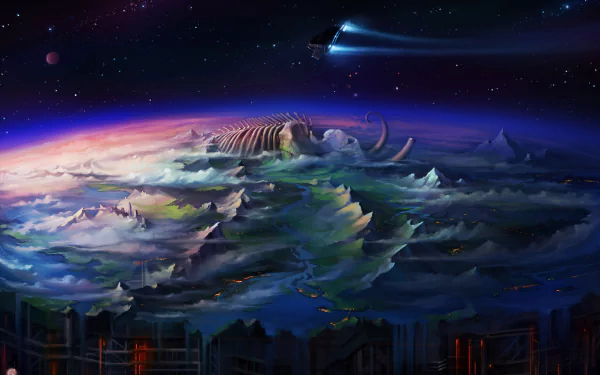 A vivid 4K Ultra HD Sci-Fi planetscape wallpaper depicting a mysterious alien world with towering formations, swirling clouds, and a spaceship flying overhead in deep space.