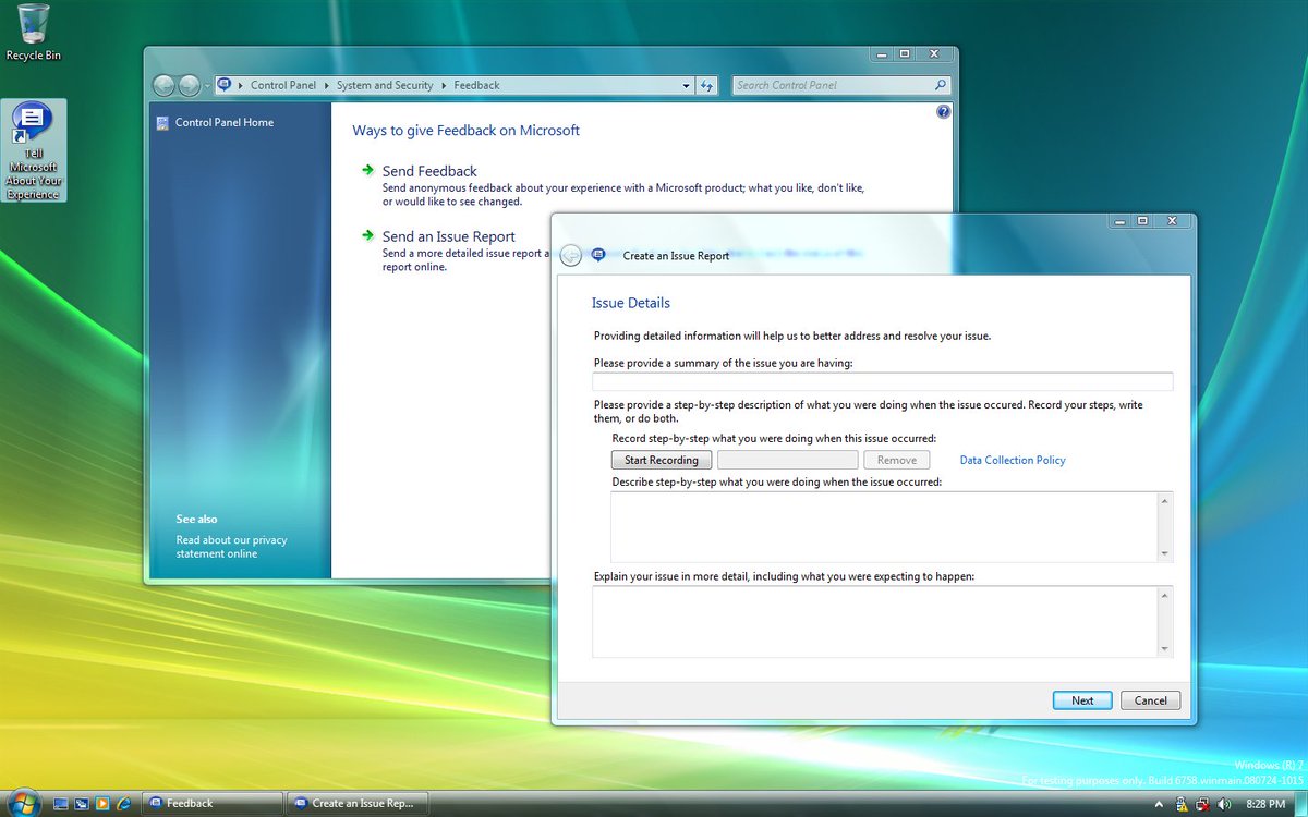 Desktop of Windows 7 build 6758 with two windows open: a Control Panel window open to a Feedback page giving the user some ways to give feedback on Microsoft, and a Create an Issue Report window prompting the user to give issue details.