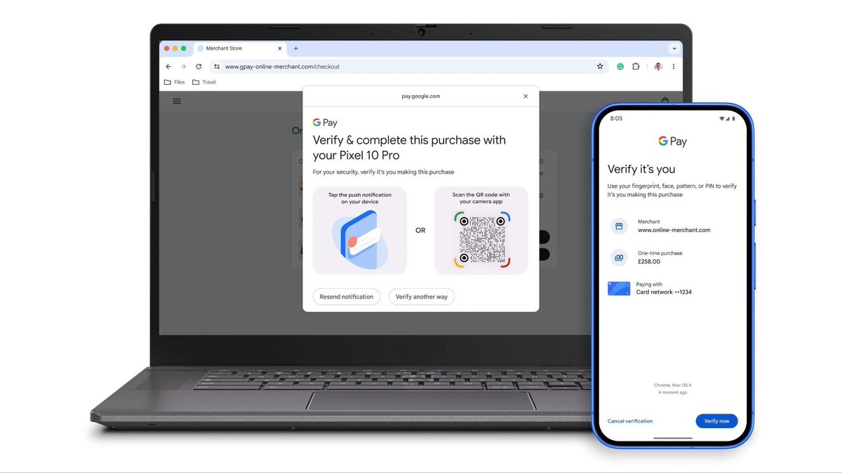 Payment verification screens on a phone and a laptop.