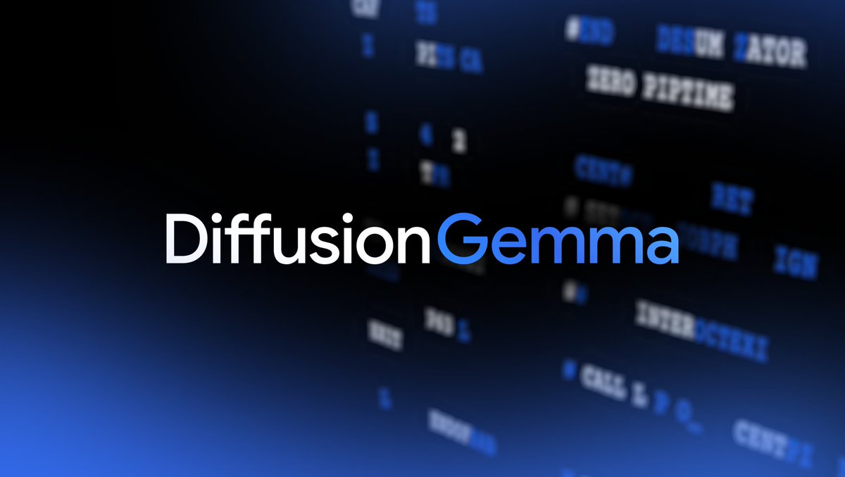 DiffusionGemma logo over a blue and black gradient background