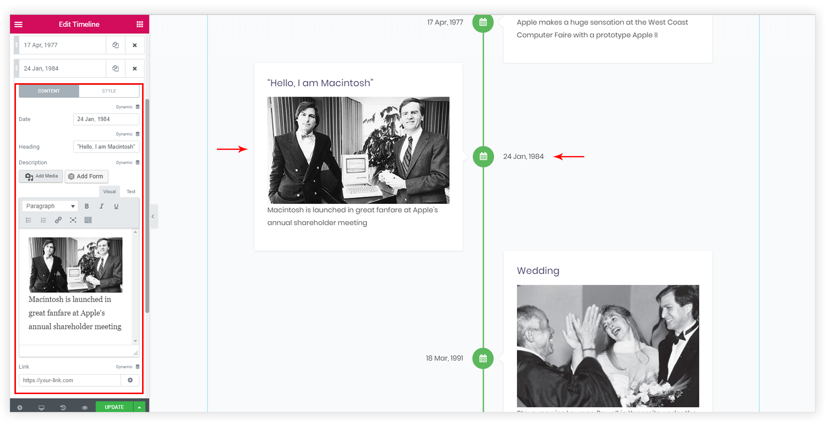 Timeline Widget Elementor timeline widget content
