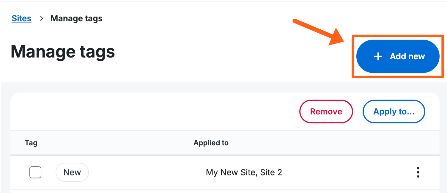 Screenshot of the Add new button on the Manage tags page of the WP Engine User Portal