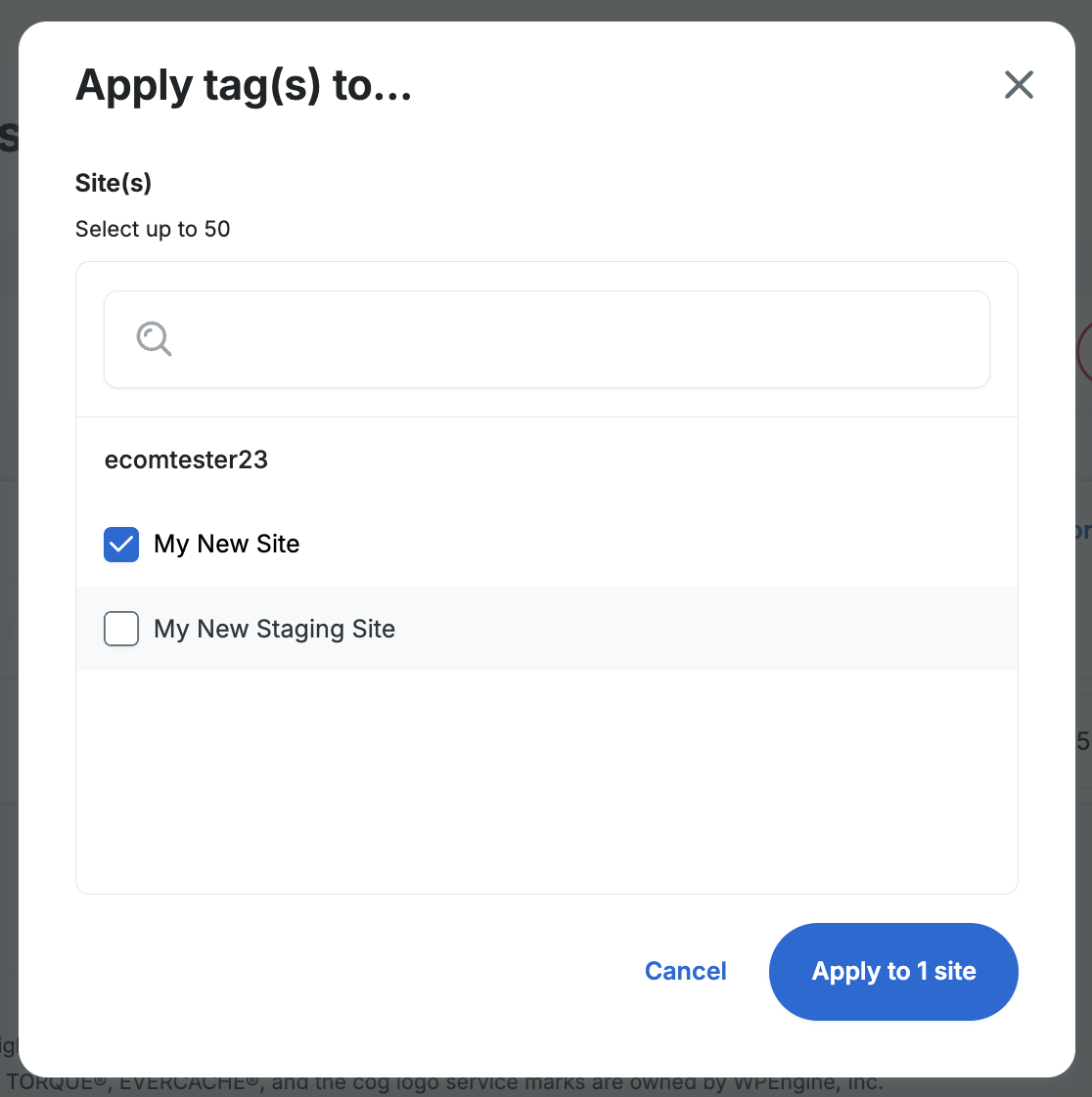 Screenshot of the Apply tags popup on the Manage tags page of the WP Engine User Portal
