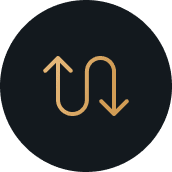 Gold curved up and down arrows icon representing digital solution content integration or workflow.