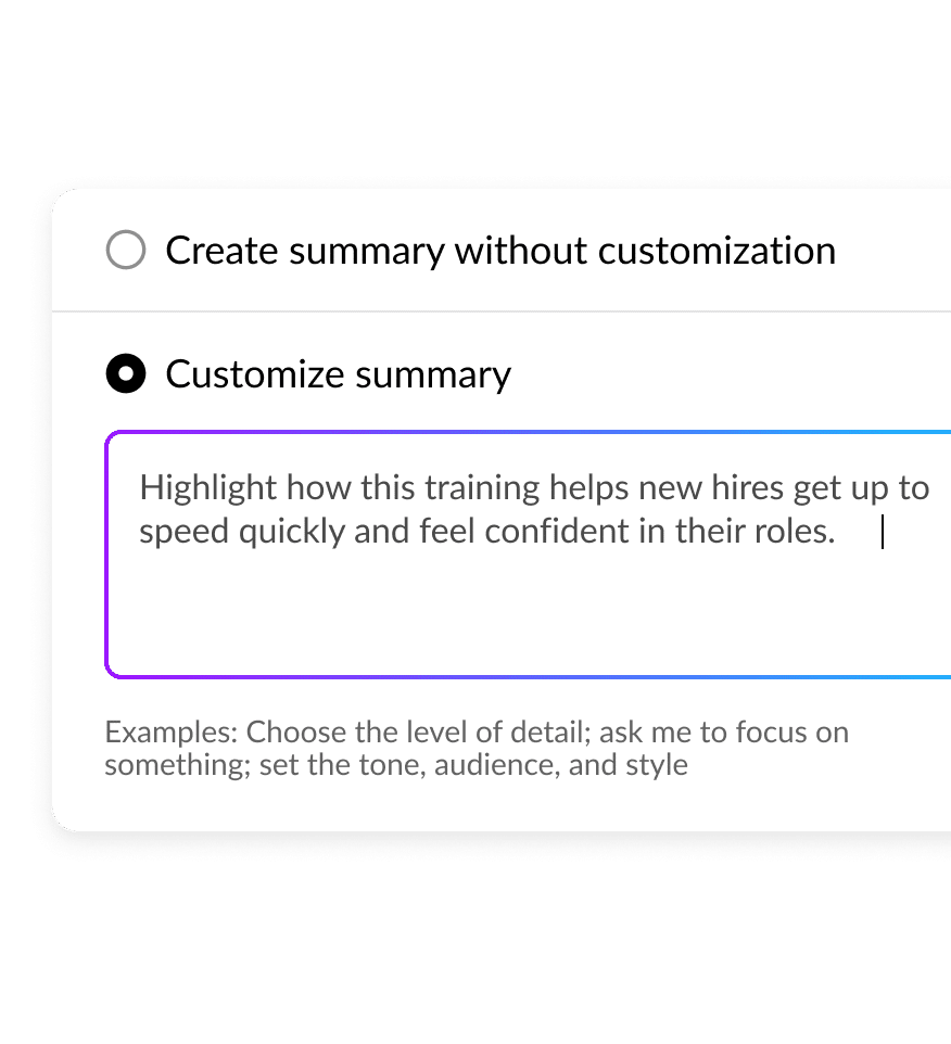 Rise AI Assistant interface showing how to generate a custom summary to fit your specific course needs.