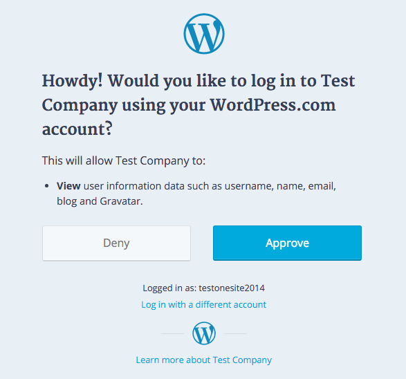 WordPress login prompt asking users to approve access for Test Company, detailing information that will be viewed, with options to approve or deny.